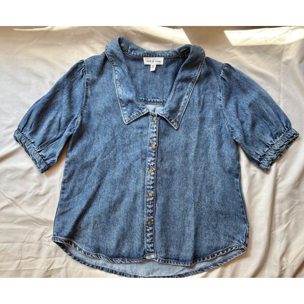 Cloth & Stone Blue Lyocell Denim Button Down Puff Sleeve Top C9312-U706 S